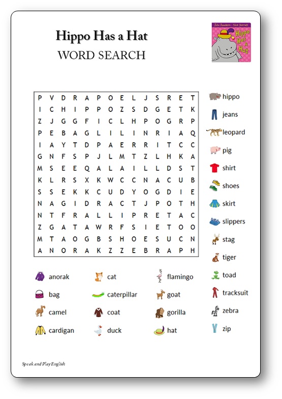 Hippo Has a Hat Word Search Worksheet