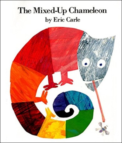 Colourful chameleon illustration from The Mixed-Up Chameleon by Eric Carle - ESL resource for teaching animal vocabulary and identity